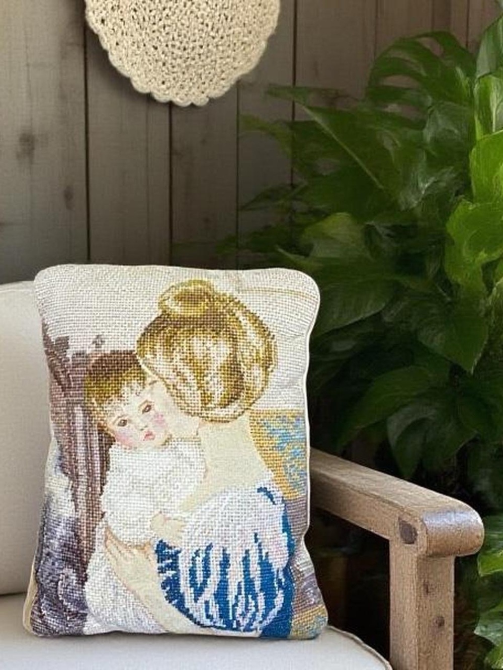 Vintage Lillian Vernon Wool Needlepoint Mother Child Pillow
